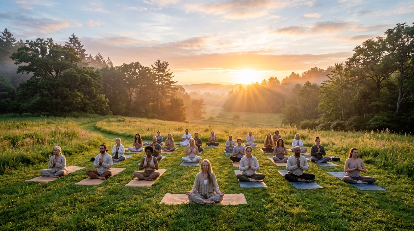 Serene yoga practitioners meditating in a green field during a golden sunrise